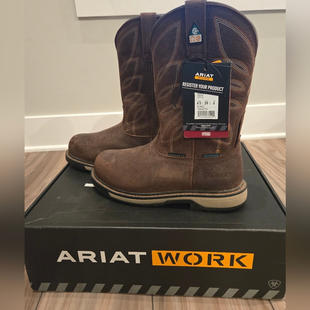 😁NWT Ariat Womens Riveter Pull-On CSA H20 Comp Toe Brown Leather Work Boots 8.5